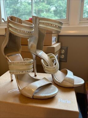 Marciano Metallic Gold Ankle-Strap Stiletto Sandals